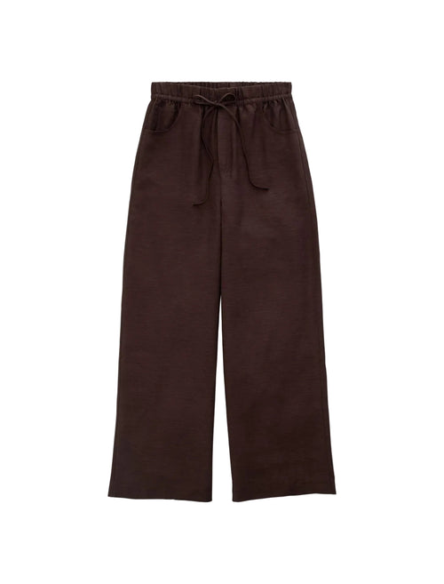 Dark brown wide-leg cropped pants with an elastic drawstring waist, displayed flat against a light gray background.