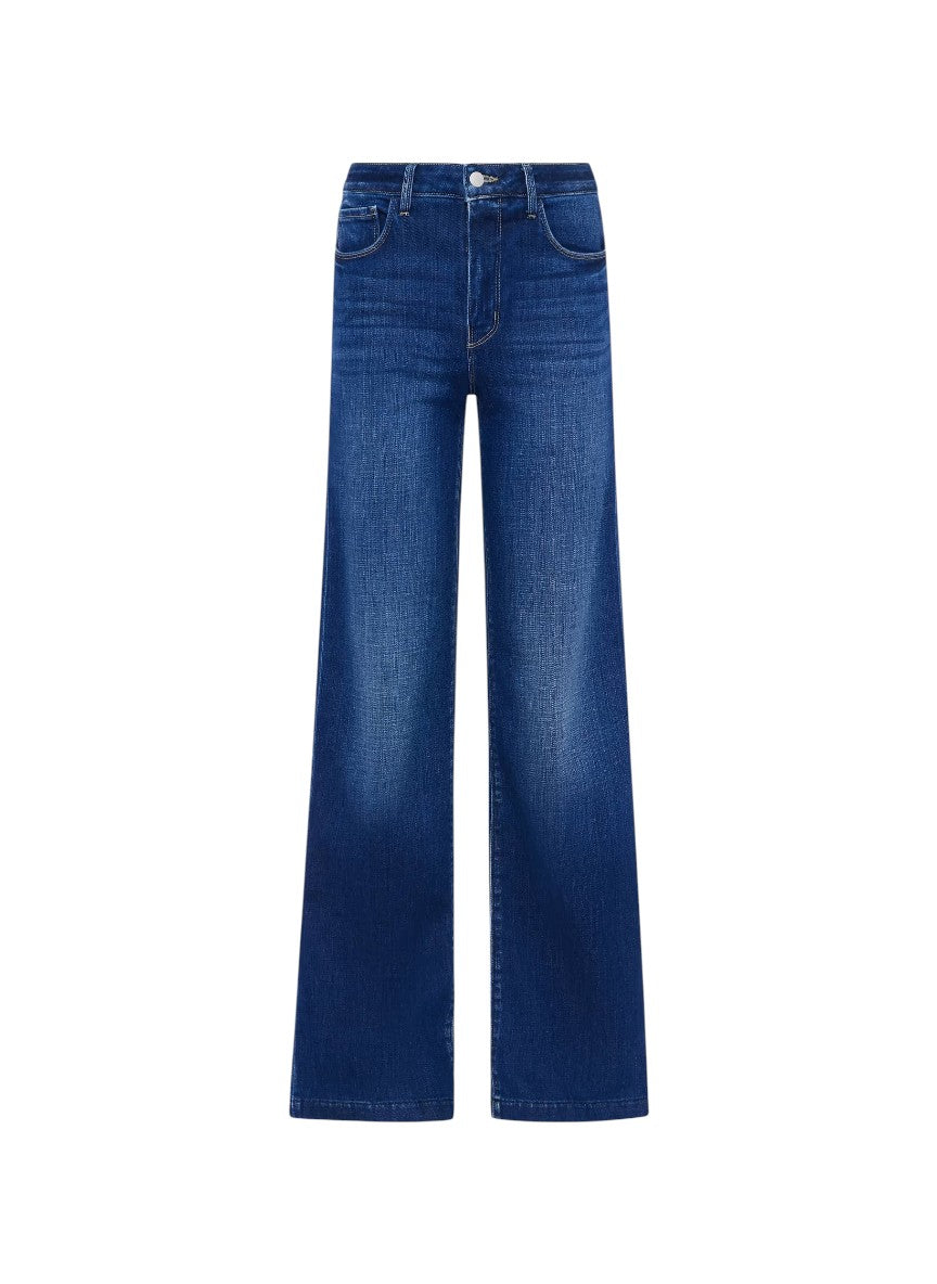 A pair of dark blue wide-leg denim jeans shown flat against a solid white background.