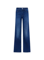 A pair of dark blue wide-leg denim jeans shown flat against a solid white background.