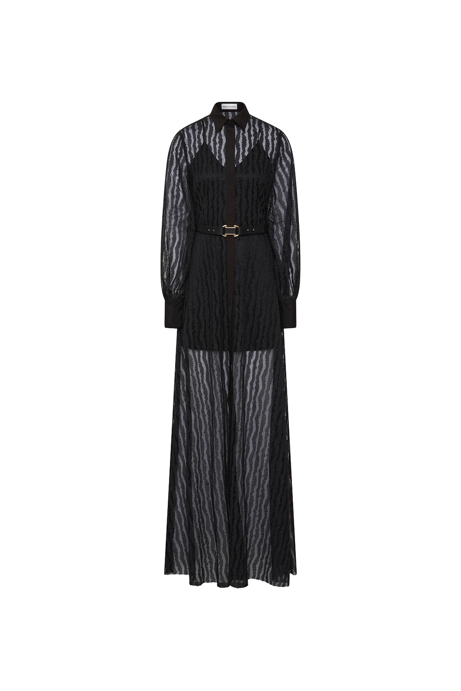 Rebecca Vallance Black dress with sheer overlay on a white background