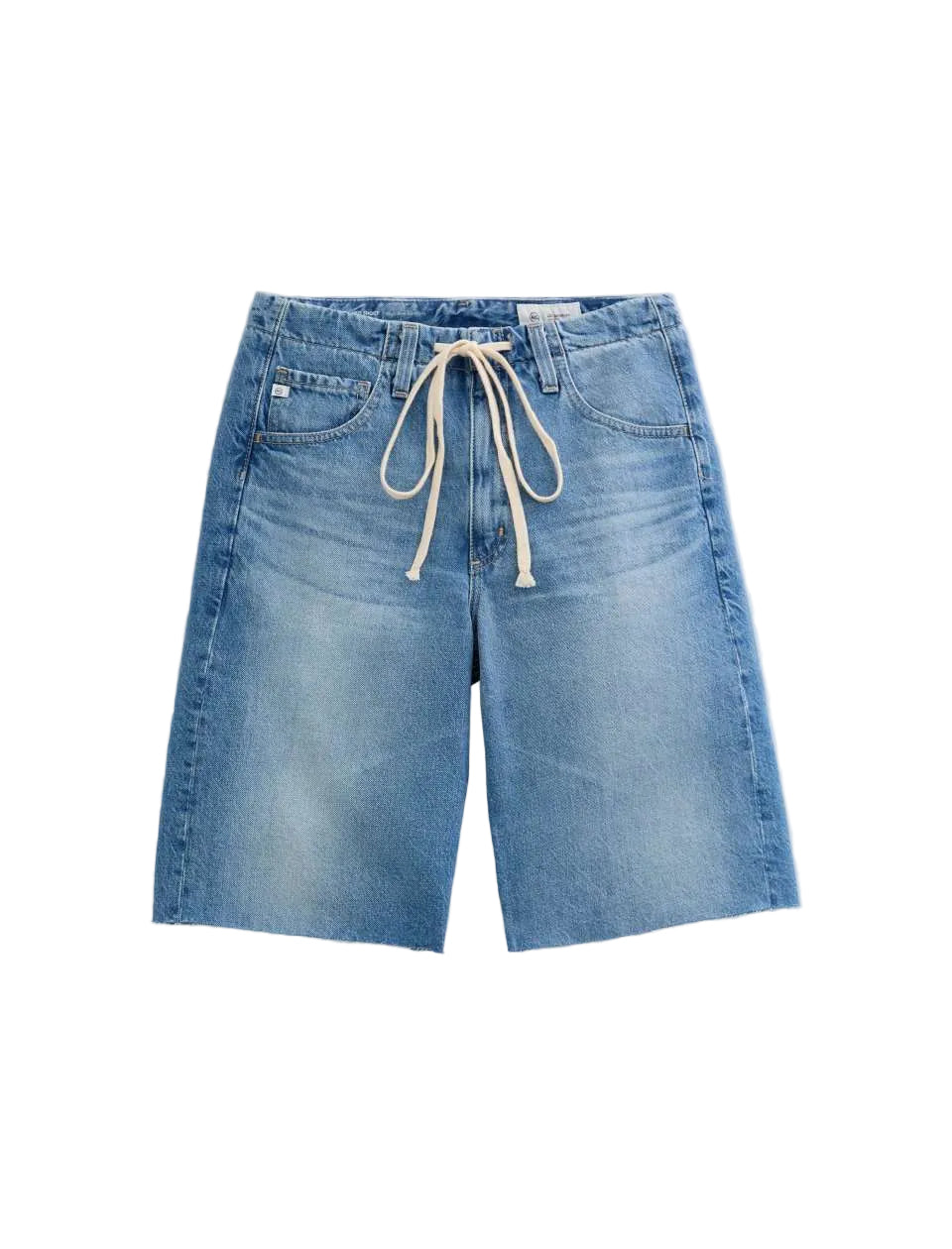 Blue denim shorts with a drawstring on a light gray background