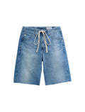 Blue denim shorts with a drawstring on a light gray background