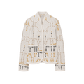 A cropped, long-sleeve cardigan jacket with a textured, waffle-like fabric, featuring a geometric grid pattern in black and mustard yellow on an off-white base. It has a stand collar and front pockets, shown against a plain white background.