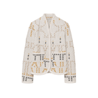 A cropped, long-sleeve cardigan jacket with a textured, waffle-like fabric, featuring a geometric grid pattern in black and mustard yellow on an off-white base. It has a stand collar and front pockets, shown against a plain white background.