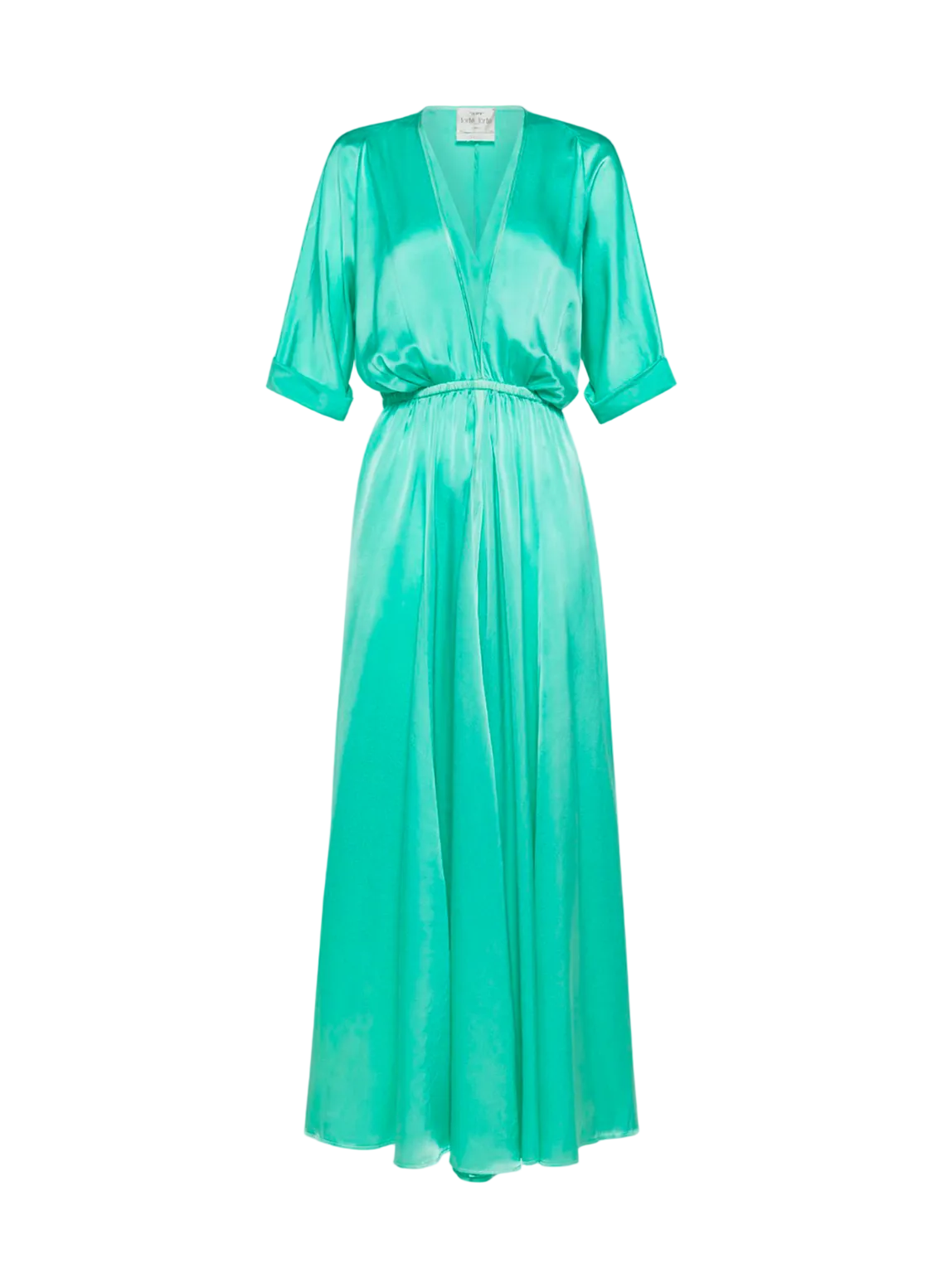 satin silk midi dress with cuffed sleeves and a deep v-neck.