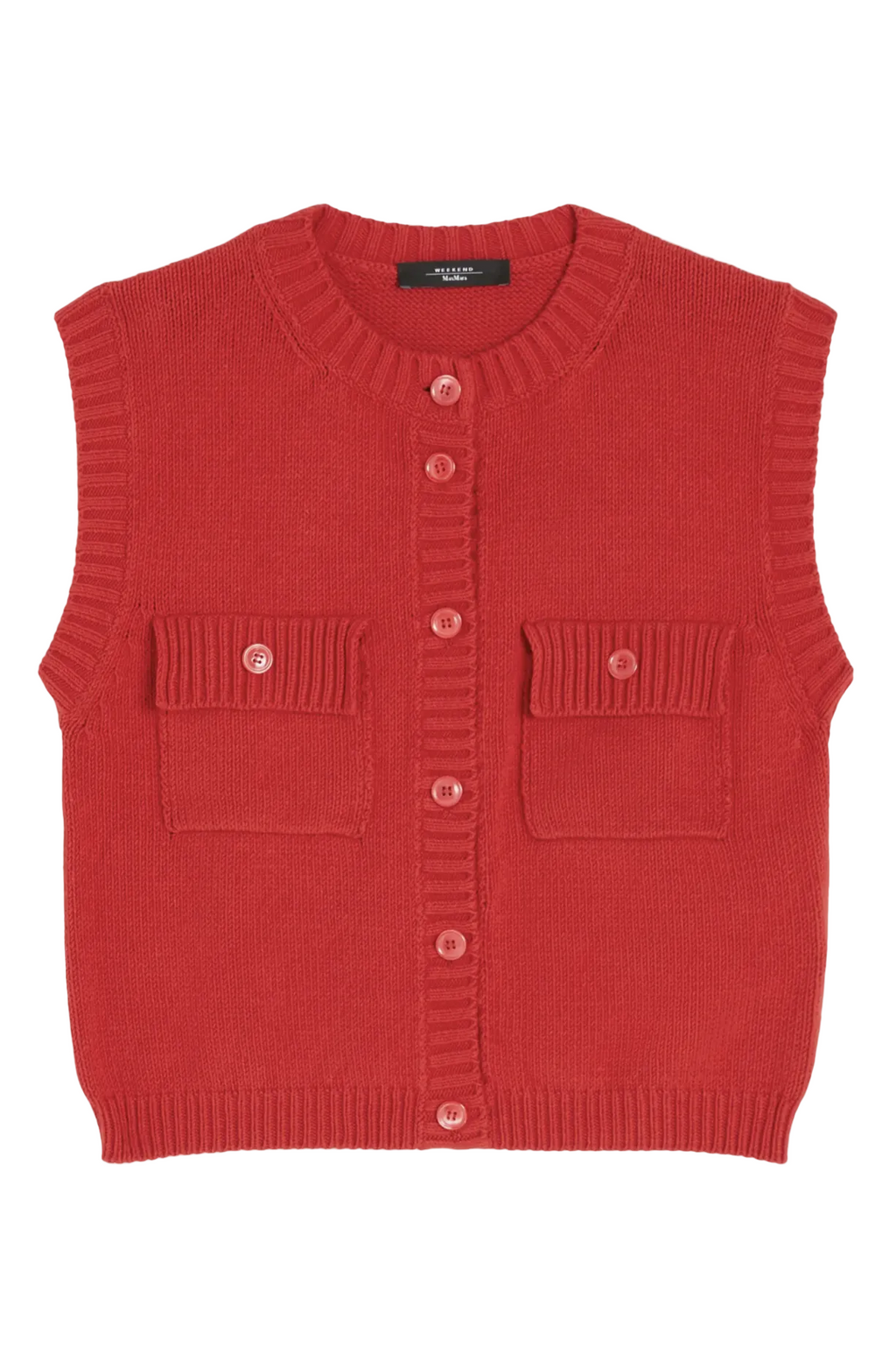 Red knitted vest with button details on a white background