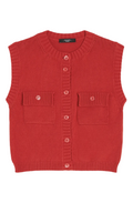 Red knitted vest with button details on a white background