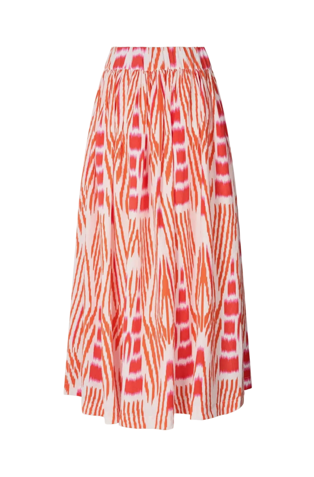 A high-waisted, flared midi skirt featuring a vibrant orange and coral-red ikat-style pattern on a white base, shown against a light gray studio background.