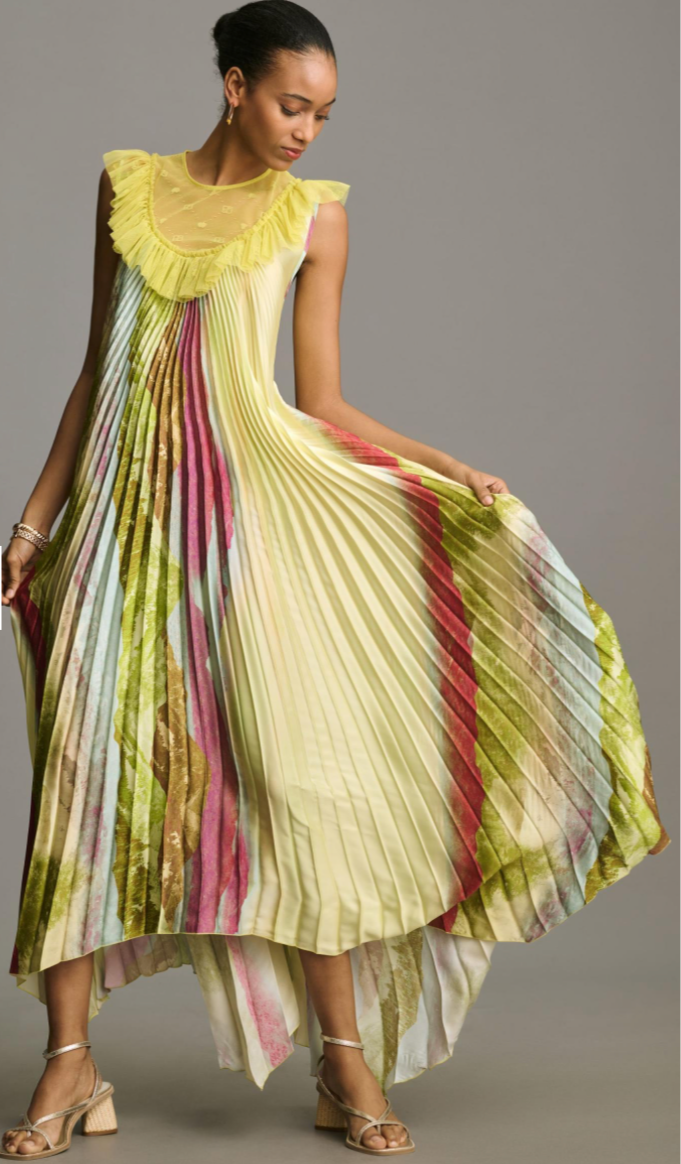 SS24 Beatrice b - Pleated Printed Dress with Waist Tie