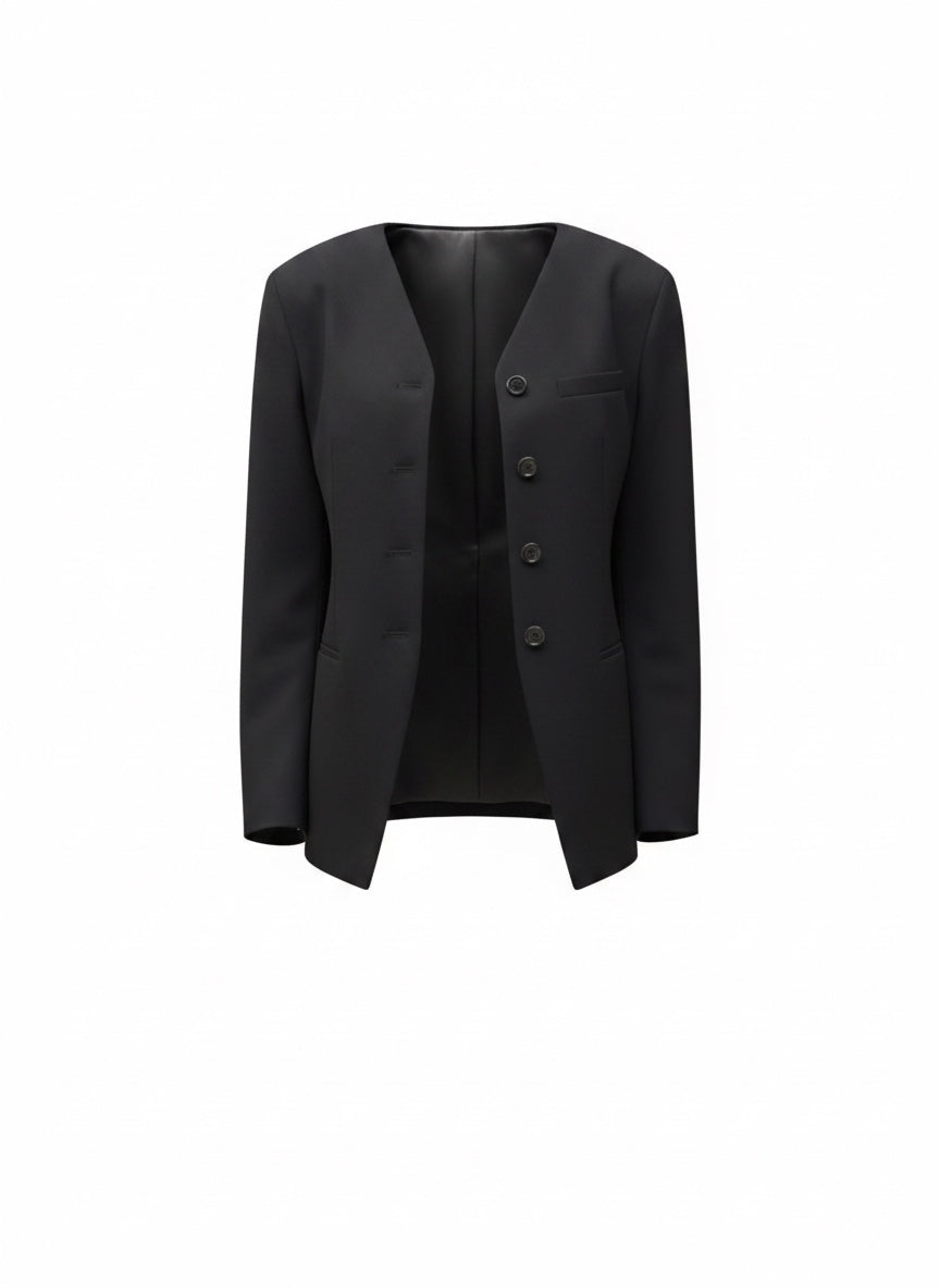 Black blazer on a white background Beatrice b collarless jacket in black four buttons 