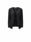 Black blazer on a white background Beatrice b collarless jacket in black four buttons 