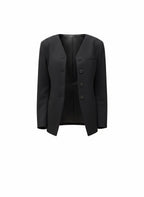 Black blazer on a white background Beatrice b collarless jacket in black four buttons 