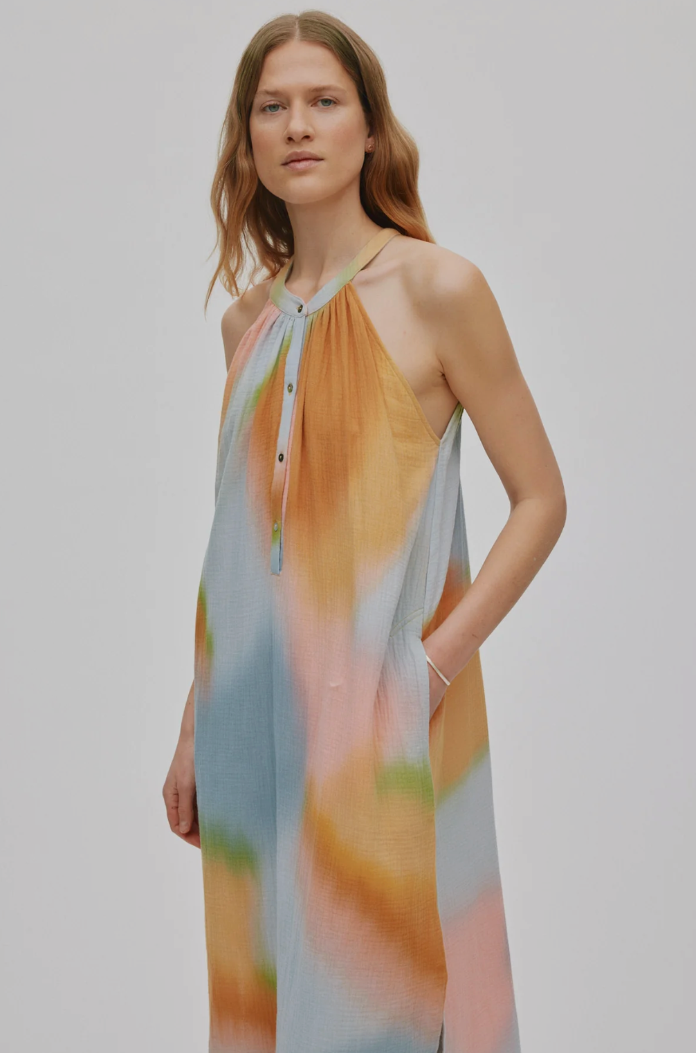 MALAIA Water color button front dress I Sunset combo