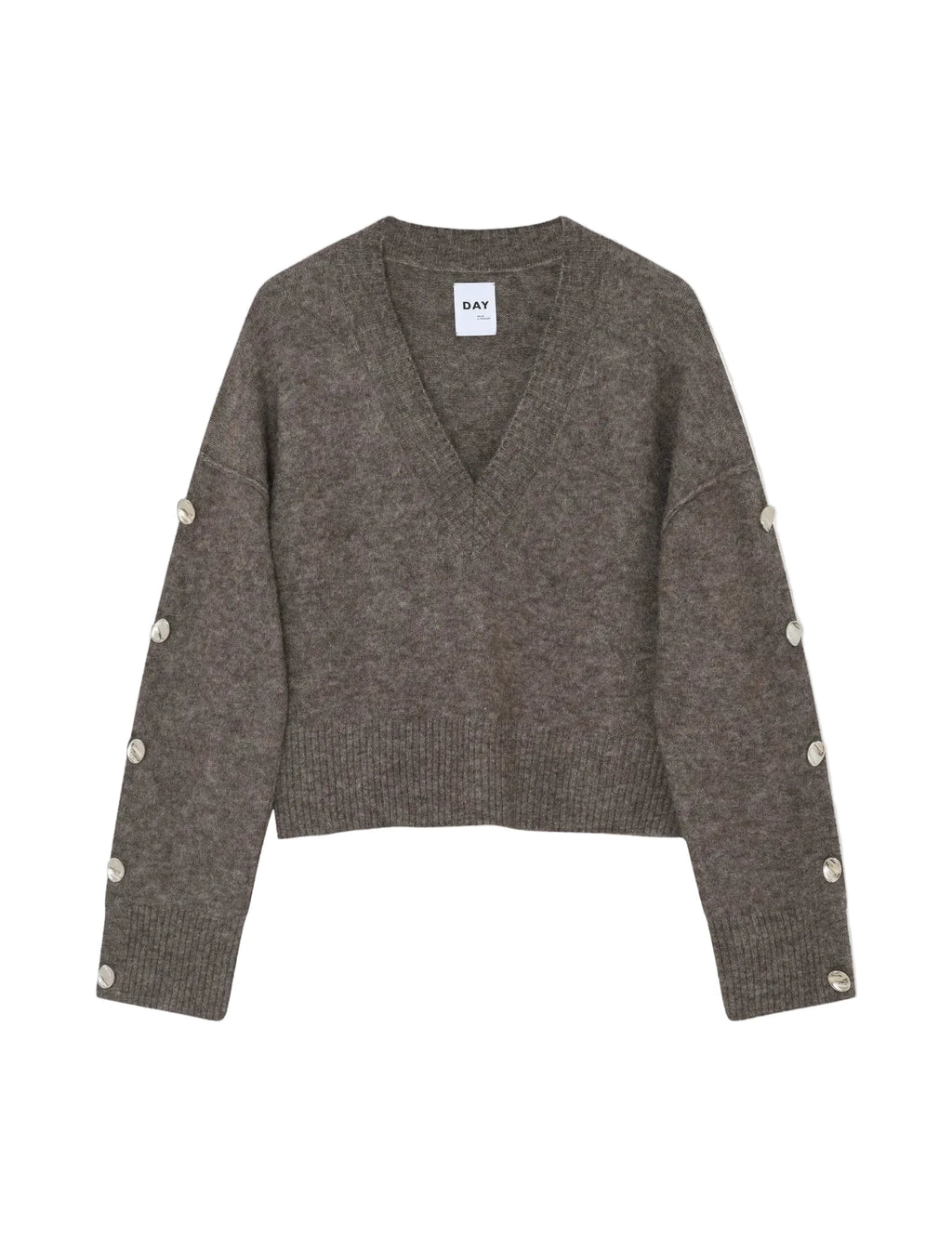 Gray sweater with button details on a white background