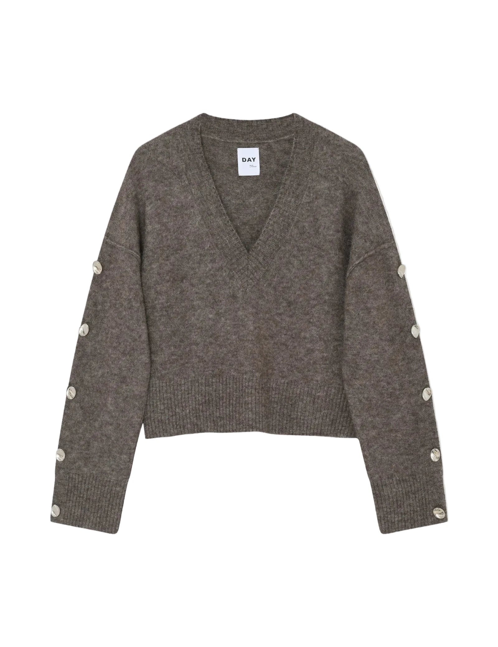 Gray sweater with button details on a white background