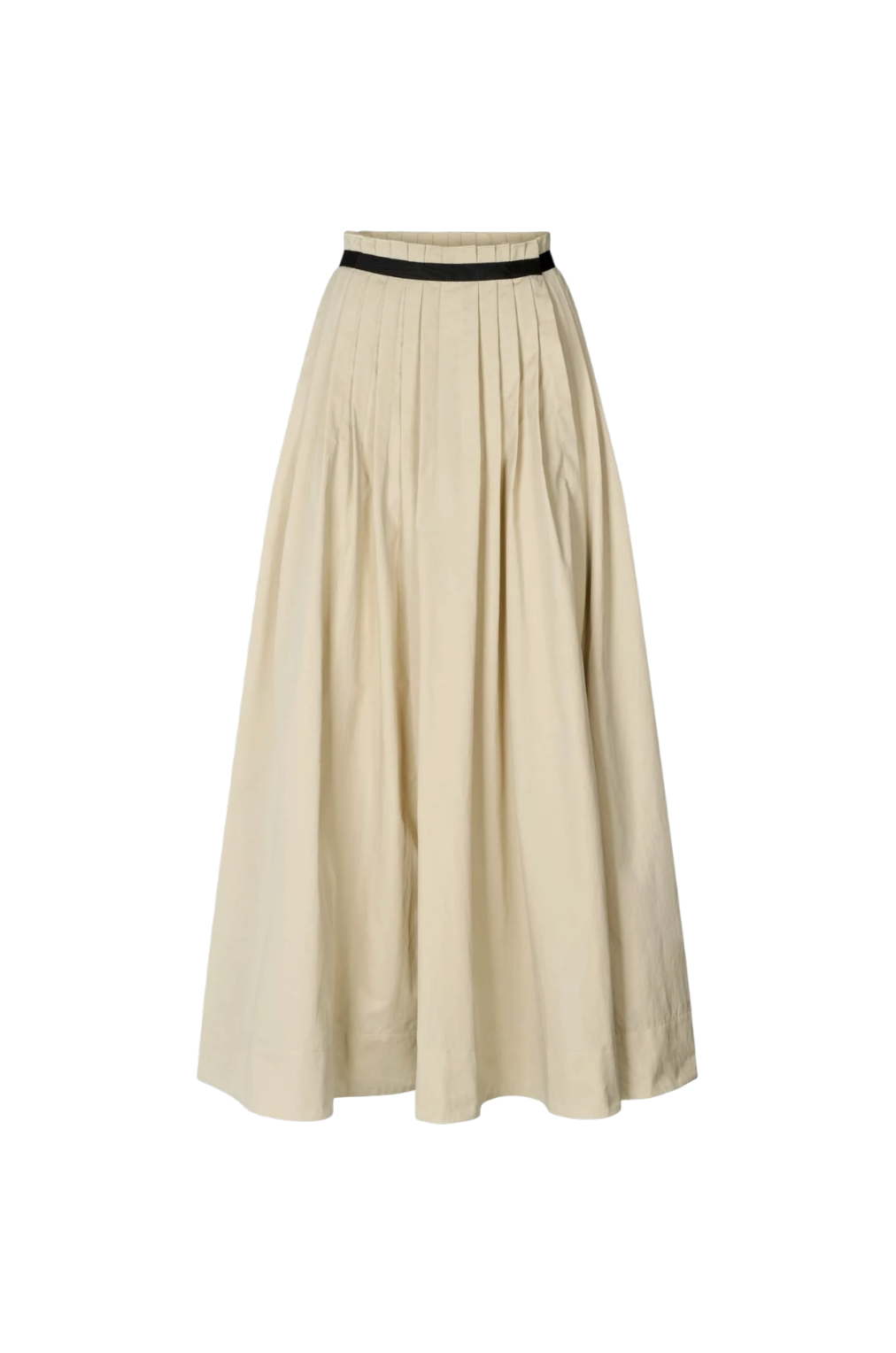 A pleated A-line midi skirt in beige with a thin black waistband, shown against a plain white background.