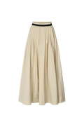 A pleated A-line midi skirt in beige with a thin black waistband, shown against a plain white background.