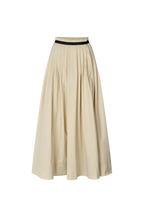 A pleated A-line midi skirt in beige with a thin black waistband, shown against a plain white background.