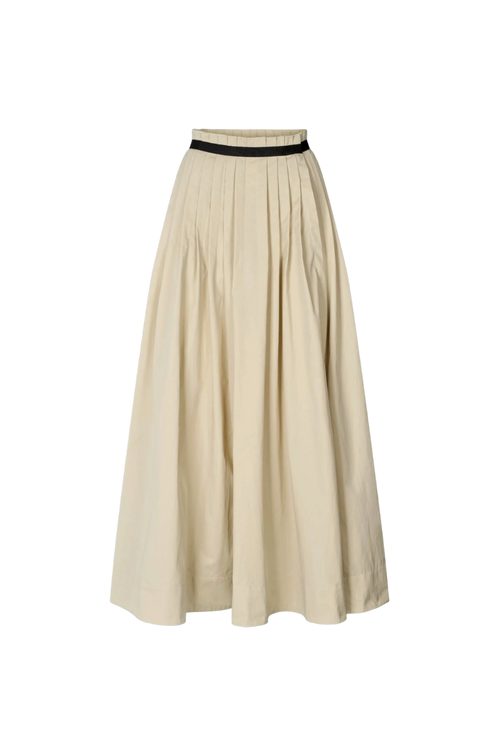A pleated A-line midi skirt in beige with a thin black waistband, shown against a plain white background.