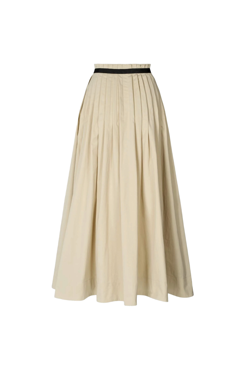 A pleated A-line midi skirt in beige with a thin black waistband, shown against a plain white background.
