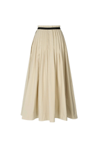 A pleated A-line midi skirt in beige with a thin black waistband, shown against a plain white background.