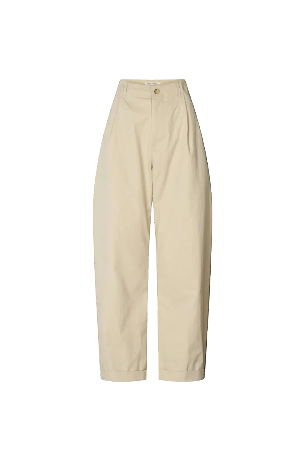 A pair of high-waisted, wide-leg trousers in a light beige or cream color, shown flat against a solid white background.
