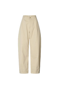 A pair of high-waisted, wide-leg trousers in a light beige or cream color, shown flat against a solid white background.