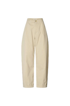 A pair of high-waisted, wide-leg trousers in a light beige or cream color, shown flat against a solid white background.