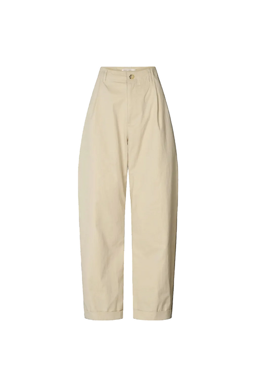 A pair of high-waisted, wide-leg trousers in a light beige or cream color, shown flat against a solid white background.