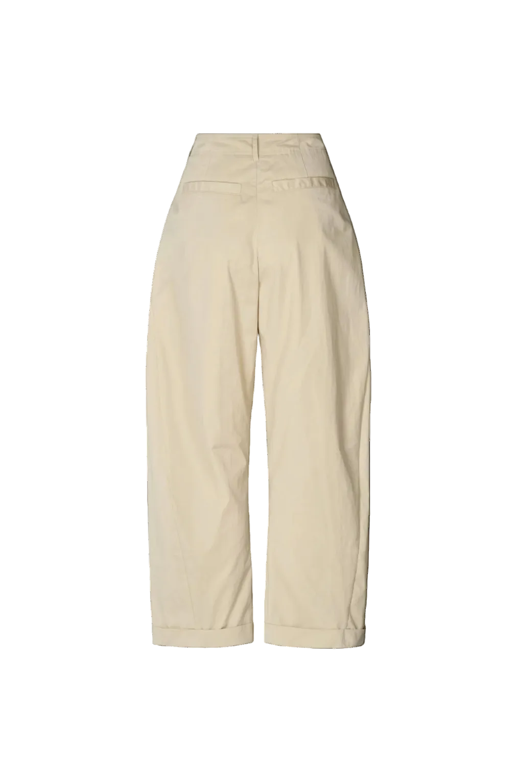A pair of cropped wide-leg trousers in a light beige or khaki color, shown from the back against a plain white background.