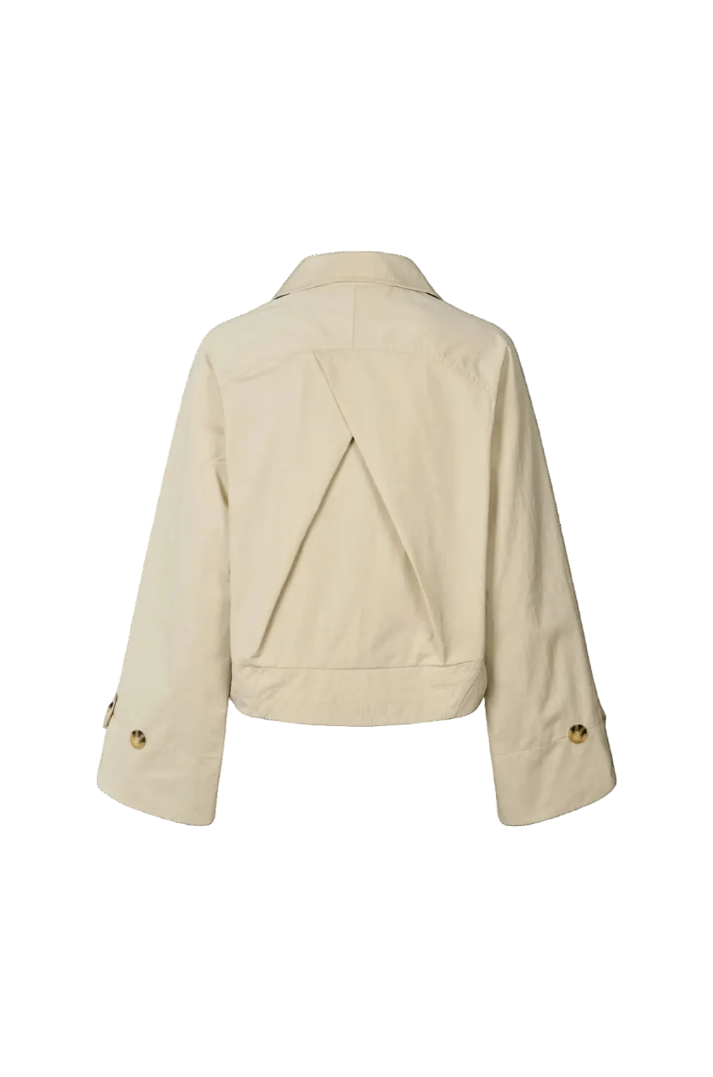 A cropped beige jacket shown from the back, featuring a pointed collar, a central V-shaped seam detail, and gold-tone button accents on the cuffs, set against a plain white background.