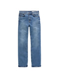 Blue jeans on a light gray background