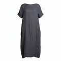 A dark gray short-sleeve linen dress with a relaxed, loose fit and side pockets, shown against a plain white background.