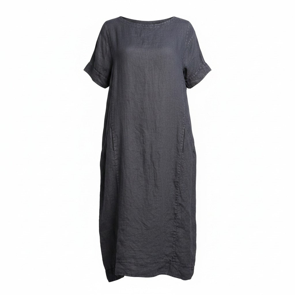 A dark gray short-sleeve linen dress with a relaxed, loose fit and side pockets, shown against a plain white background.