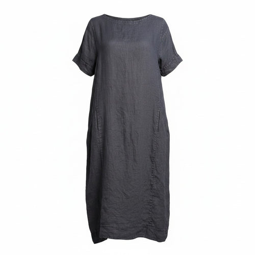 A dark gray short-sleeve linen dress with a relaxed, loose fit and side pockets, shown against a plain white background.