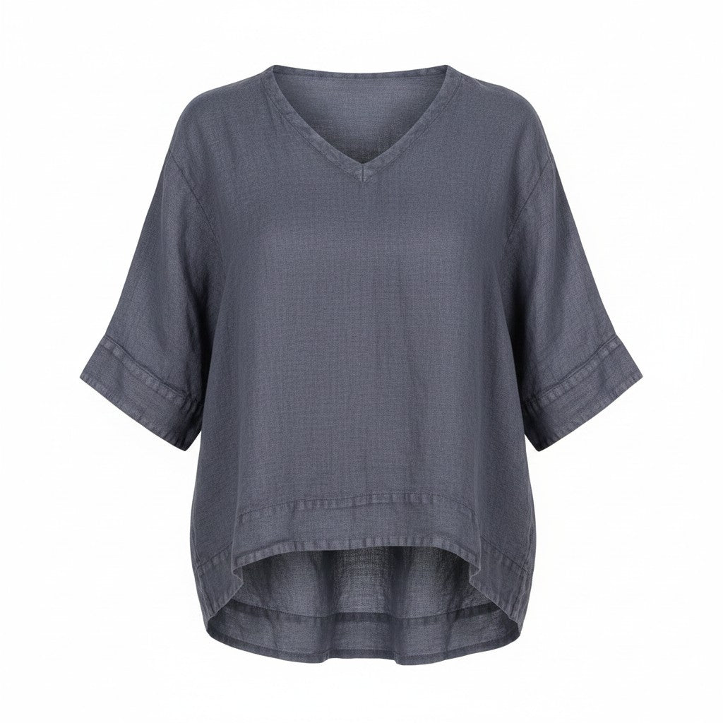 A slate gray short-sleeve V-neck top with a relaxed, oversized fit and a slightly asymmetrical hem, shown against a plain white background.