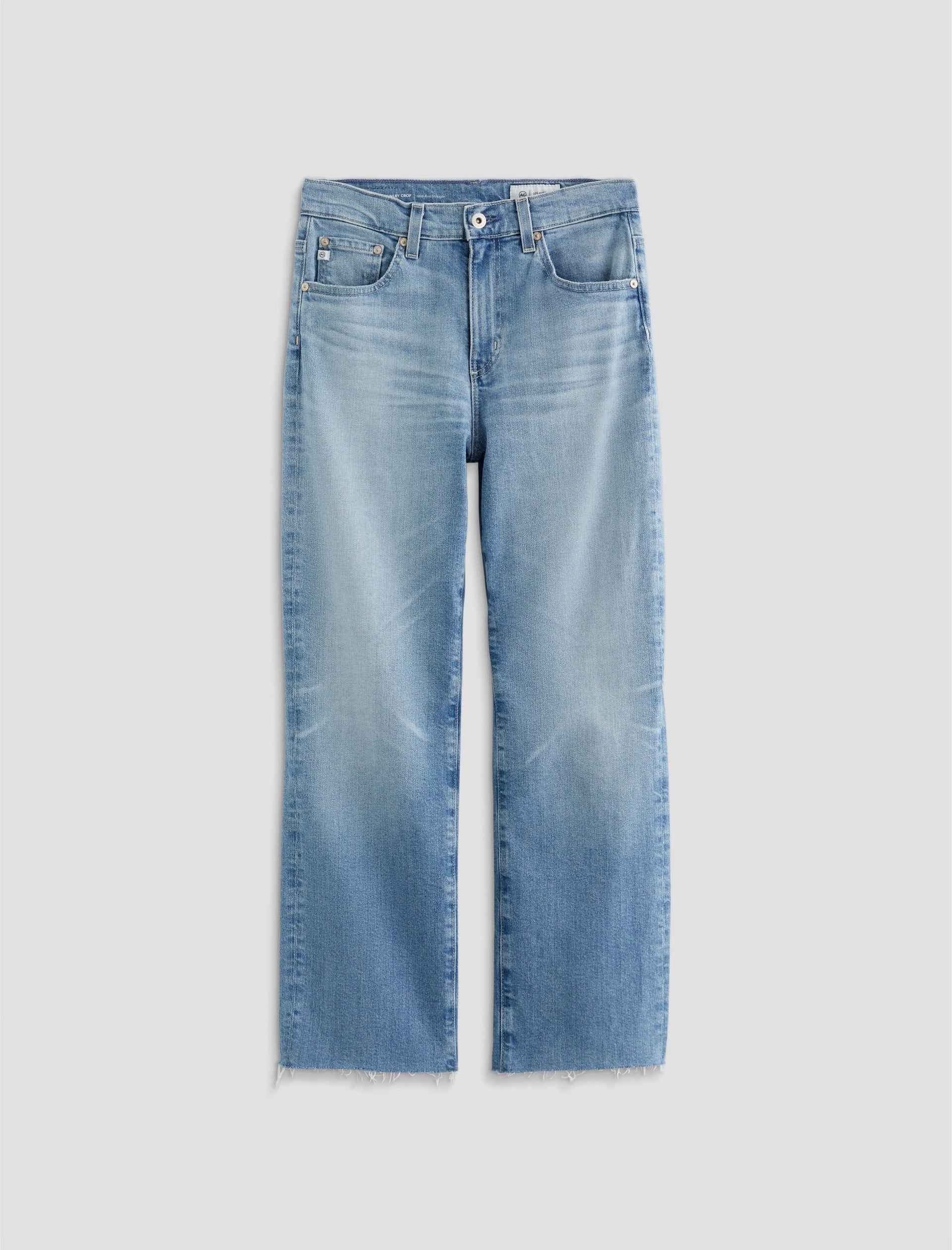 AG JEANS Brinley Crop fiction  Light blue jeans on a white background front side .Shop Online