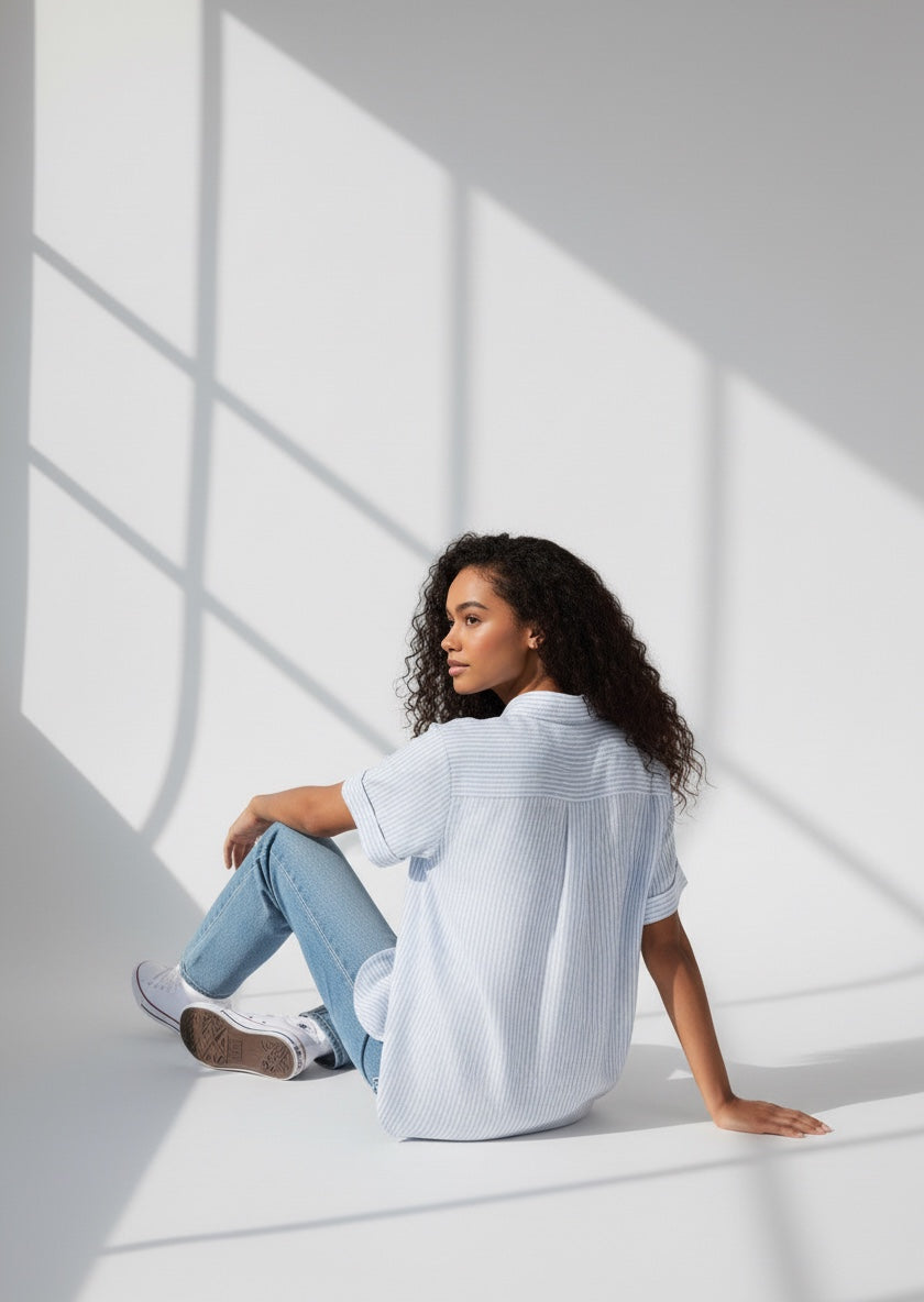 Woman sitting on a white floor with light blue jeans and a light gray sweater, surrounded by soft shadows.