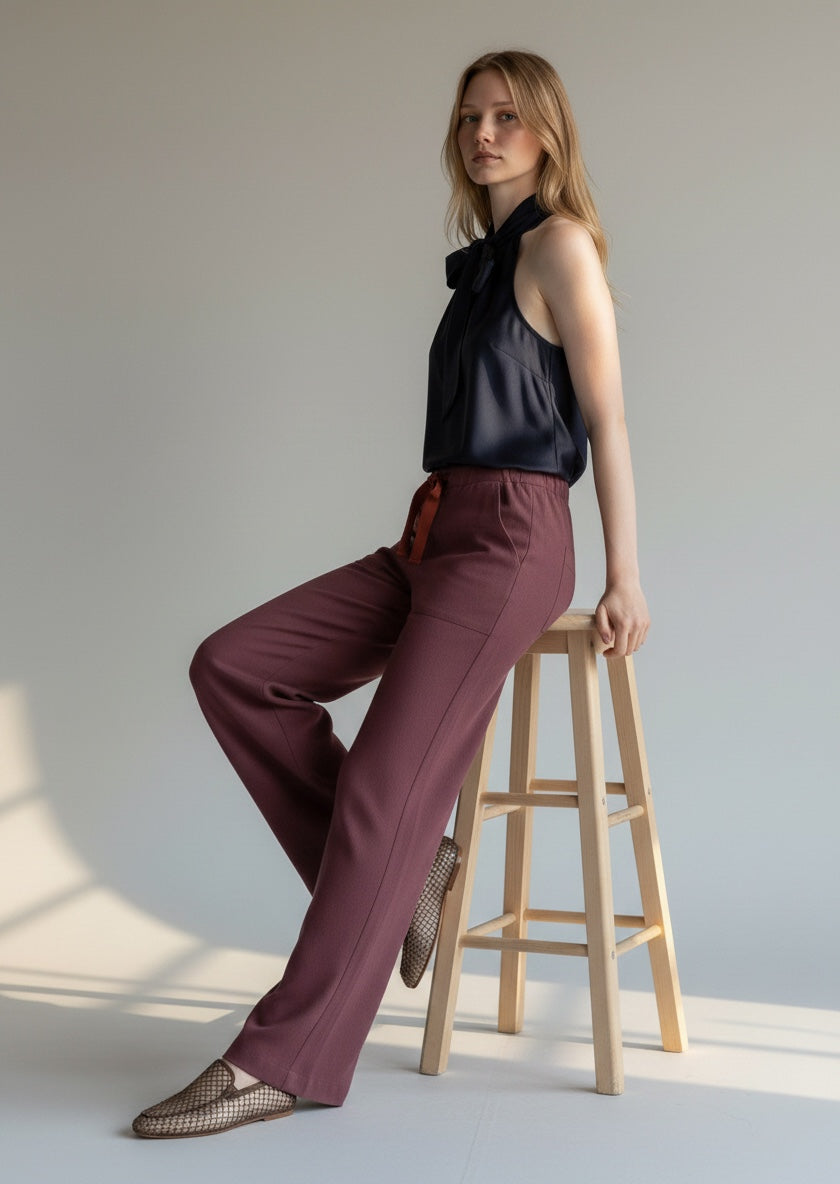 Woman in black top and maroon pants standing on a wooden stool against a light background