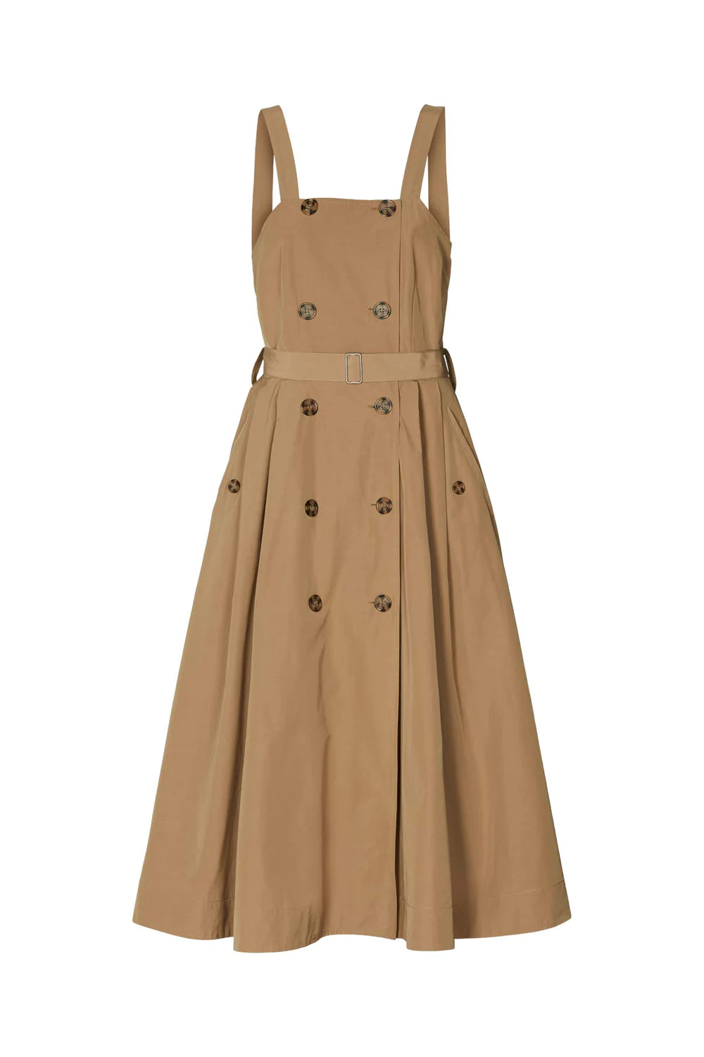 a beige double-breasted coat dress with a matching waist belt,