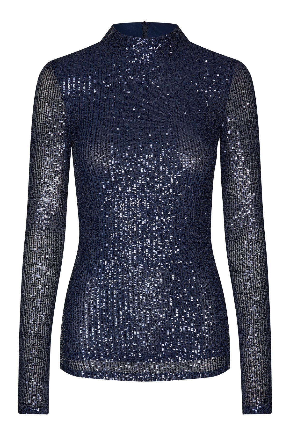 A dark blue, long-sleeved tube top with sequins, paired with a matching mini skirt.