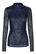 A dark blue, long-sleeved tube top with sequins, paired with a matching mini skirt.