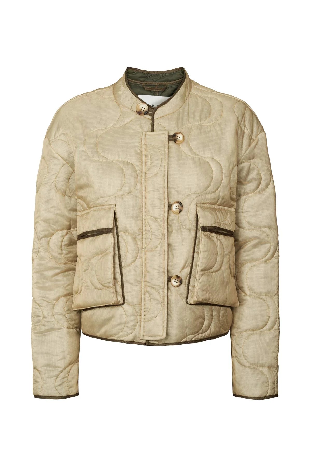 Beige quilted jacket with button details on a white background