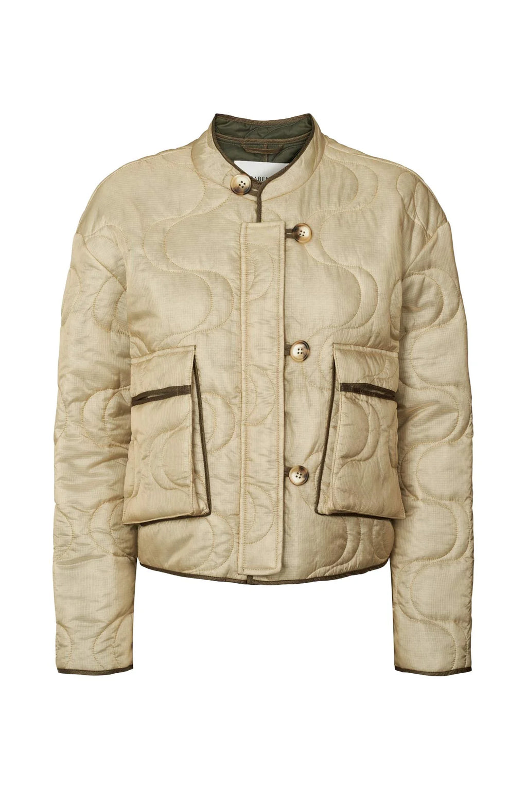 Beige quilted jacket with button details on a white background