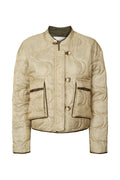 Beige quilted jacket with button details on a white background
