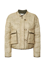 Beige quilted jacket with button details on a white background
