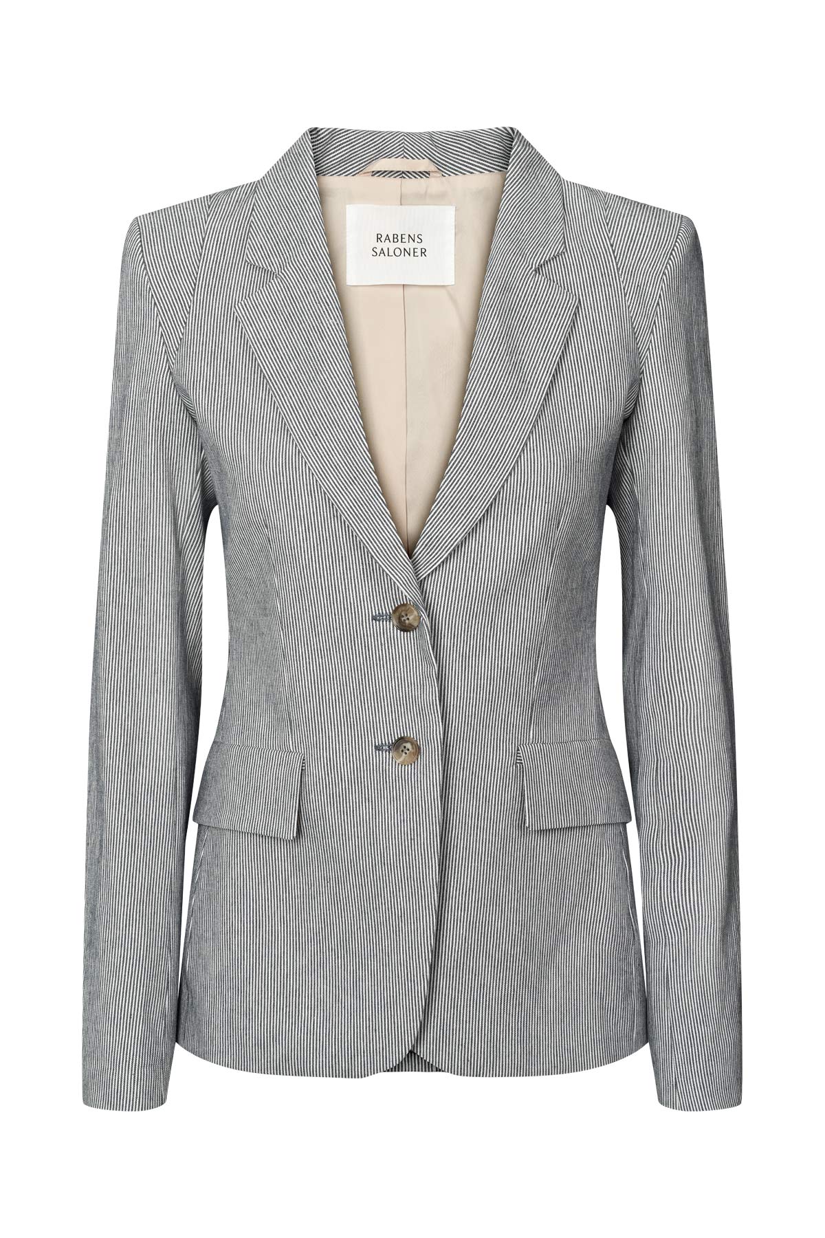 Gray blazer with a visible brand label on a white background