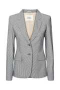 Gray blazer with a visible brand label on a white background