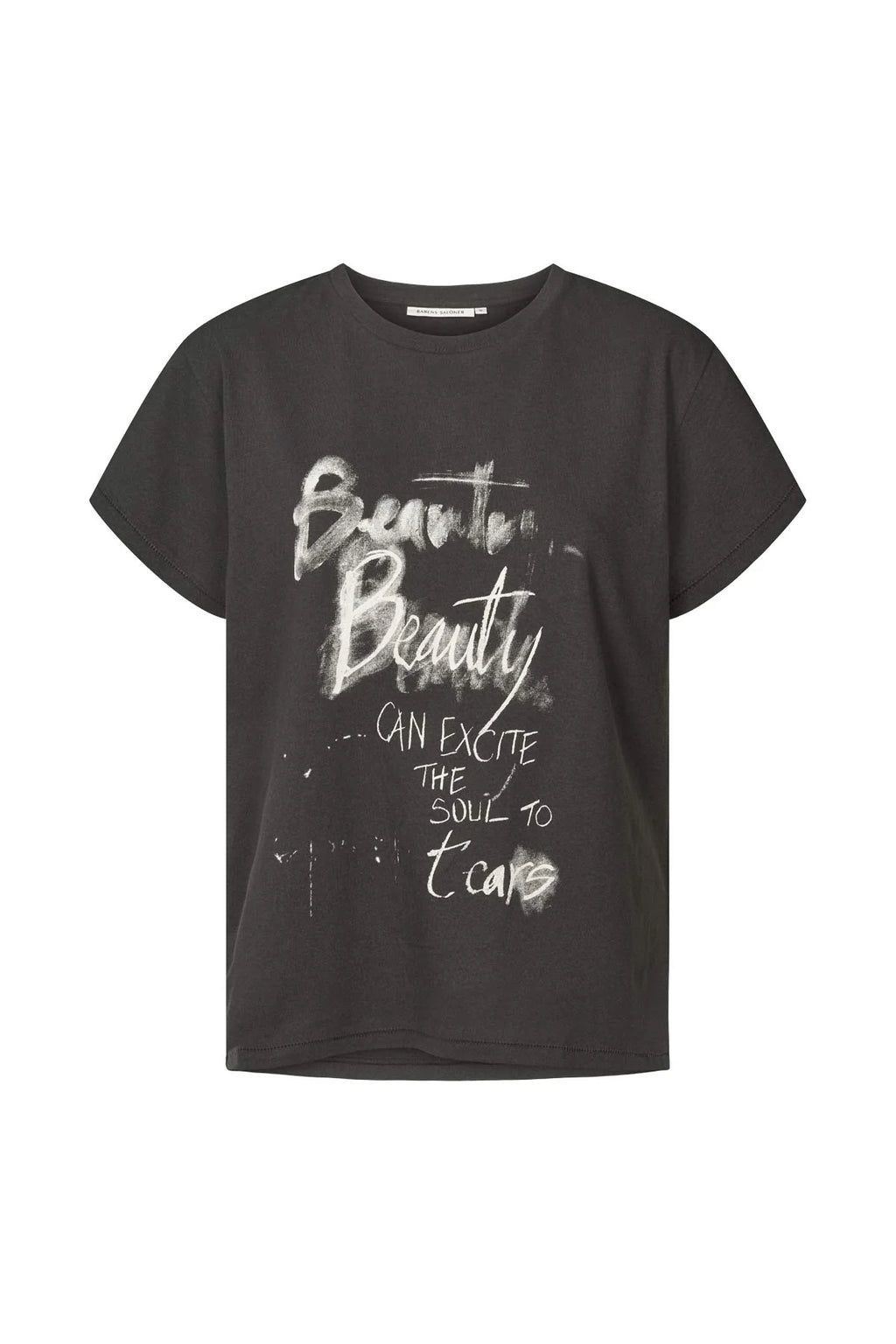 Black t-shirt with white text on a white background