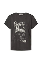 Black t-shirt with white text on a white background